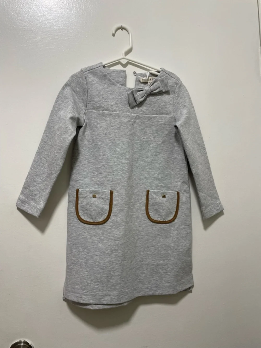 Hope & Henry Girls' Gray Long-Sleeve Bow-Accent  Dress with Pocket Trim NWT